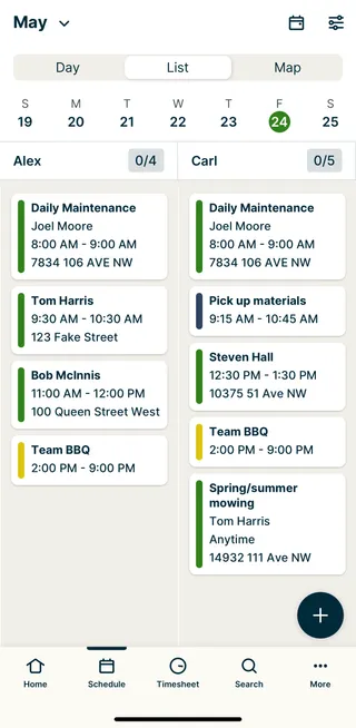 List view showing two users' schedule