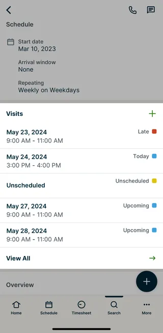 Visits section of a job highlighted