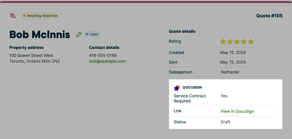 quote in view mode with docusign custom field highlight