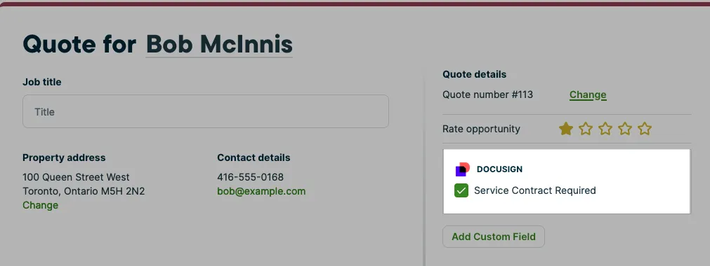 quote in edit mode with the docusign custom field highlighted
