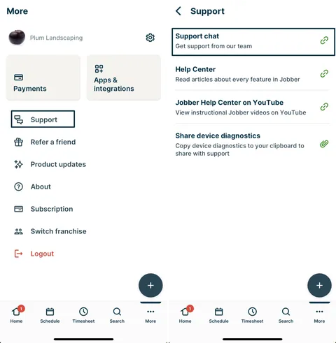 Two screenshots from the Jobber app showing the user flow to access the Support chat.