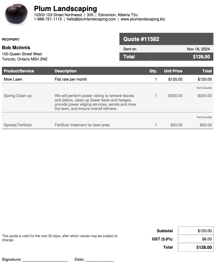 A screenshot showing the account view of a finalized quote with deselected optional line items greyed out.