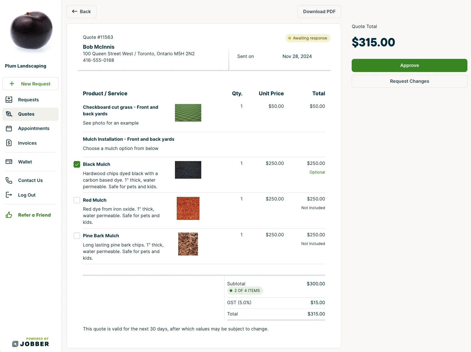 preview of the quote with line item images in client hub