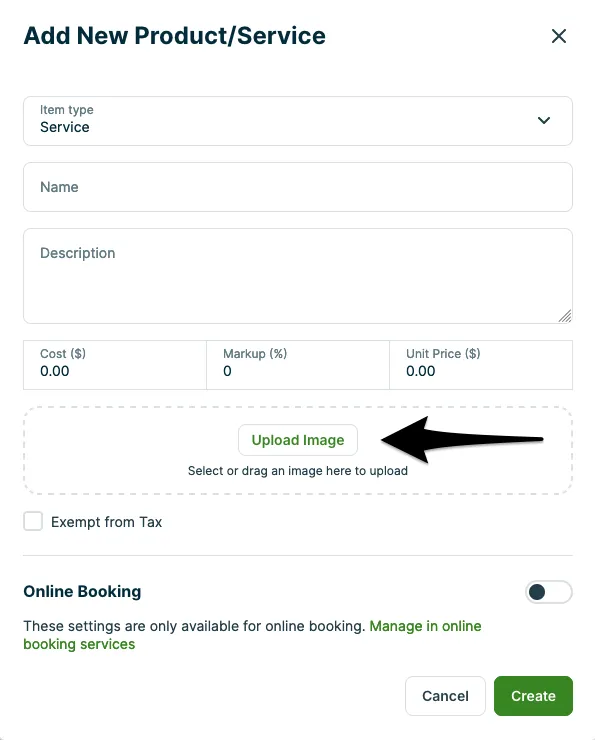 Add product/service screen with an arrow pointing to the camera icon.