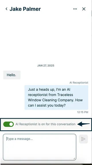 A screenshot showing the AI receptionist toggle for text conversations.