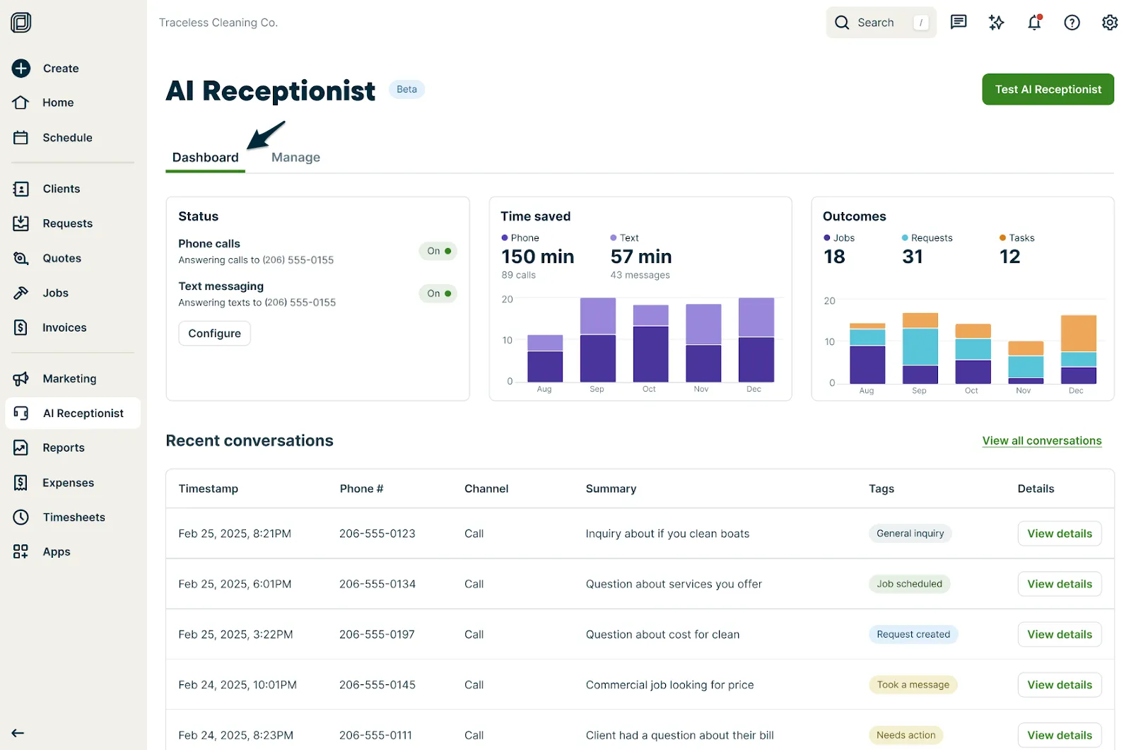 A screenshot highlighting the Dashboard tab in the AI Receptionist page of an account.