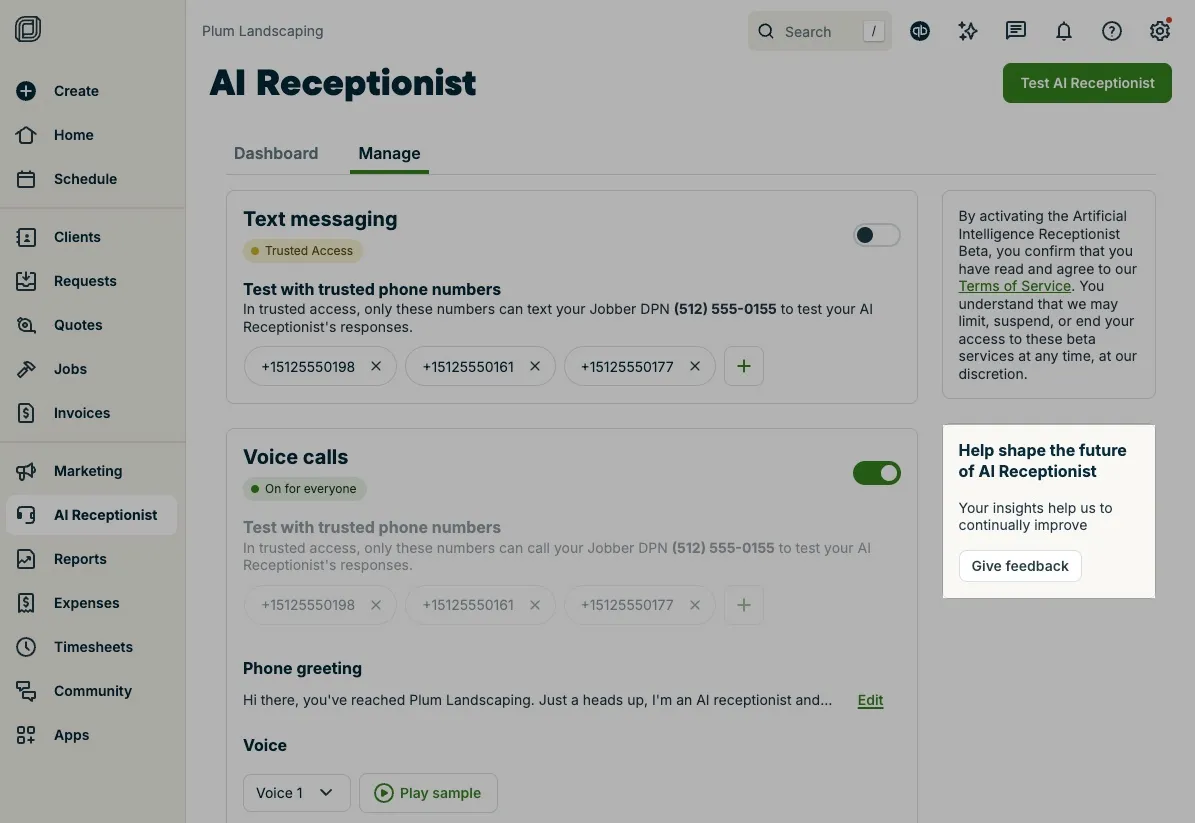 A screenshot highlighting the feedback button for AI Receptionist.