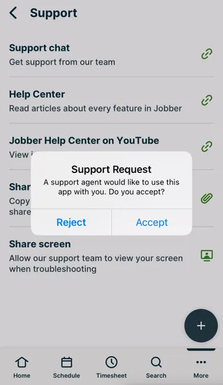 A screenshot from the Jobber app showing a pop-up that reads: "Support request - A support agent would like to use this app with you. Do you accept?" Below that are buttons to reject or accept the request.