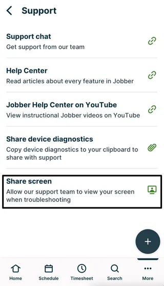 A screenshot from the Jobber app with a box outlining the Share screen button.