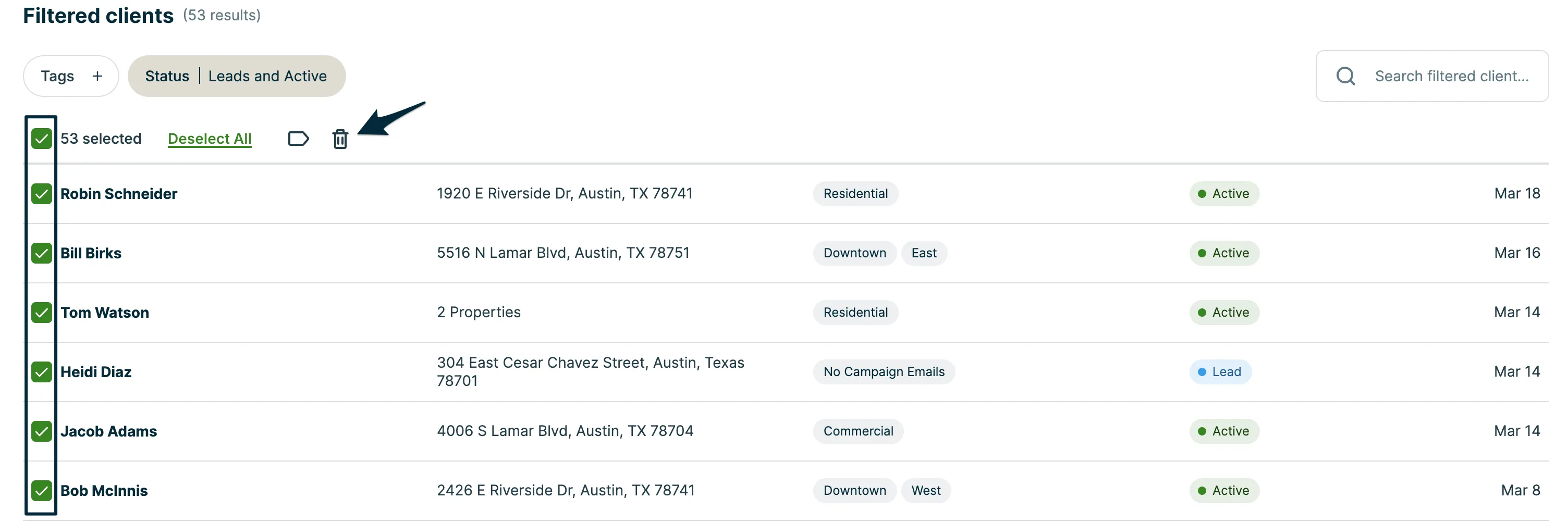 A screenshot showing a client list with multiple names selected and an arrow highlighting the trash can icon. 