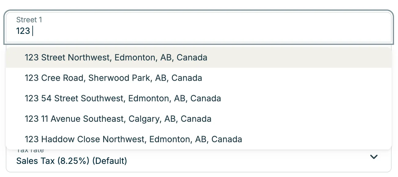 A screenshot showing the property suggestions that appear in the Street 1 field.