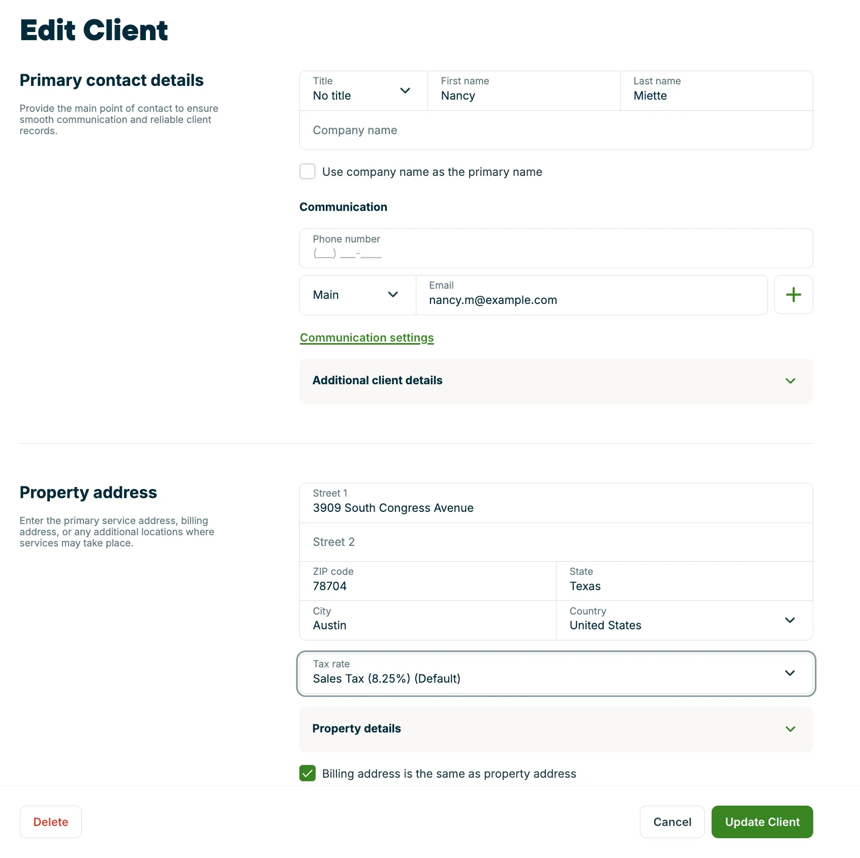 A screenshot showing the Edit Client page.