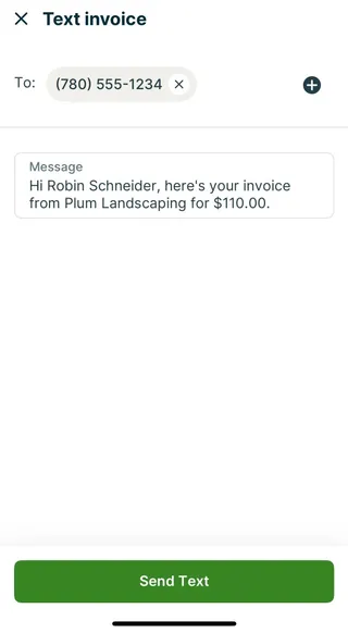 A screenshot showing the invoice text message preview screen in the Jobber app.