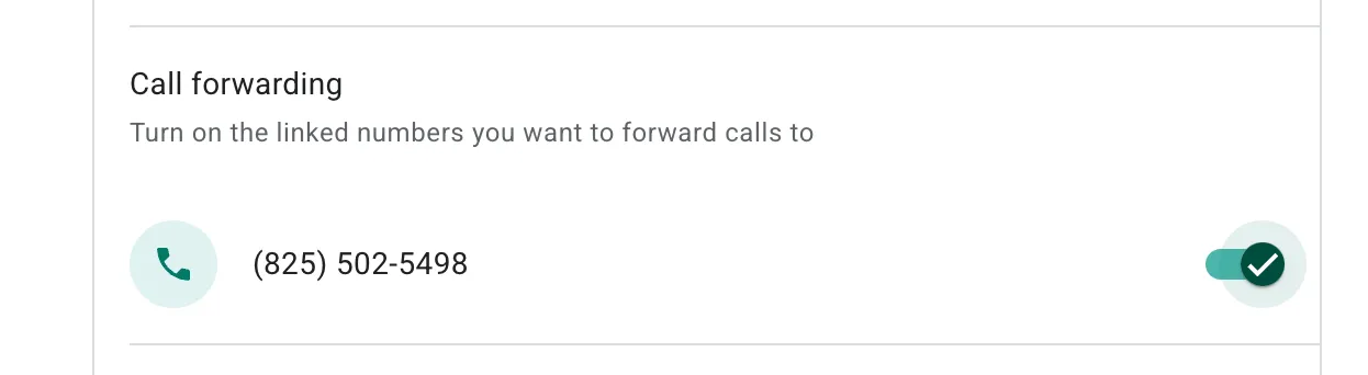 A screenshot showing the call forwarding toggle.
