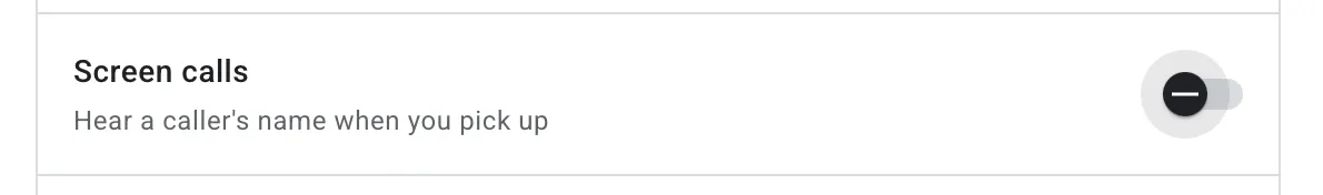 A screenshot highlighting the "Screen calls" toggle.