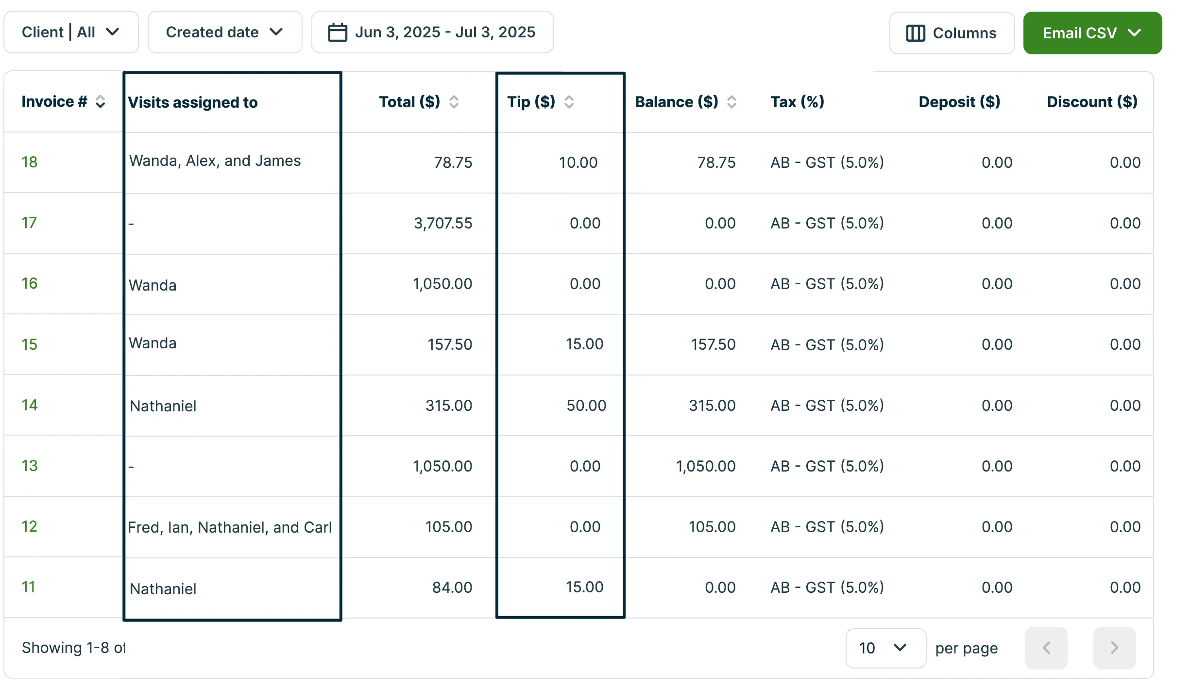 visits and tip columns in the invoice report.png