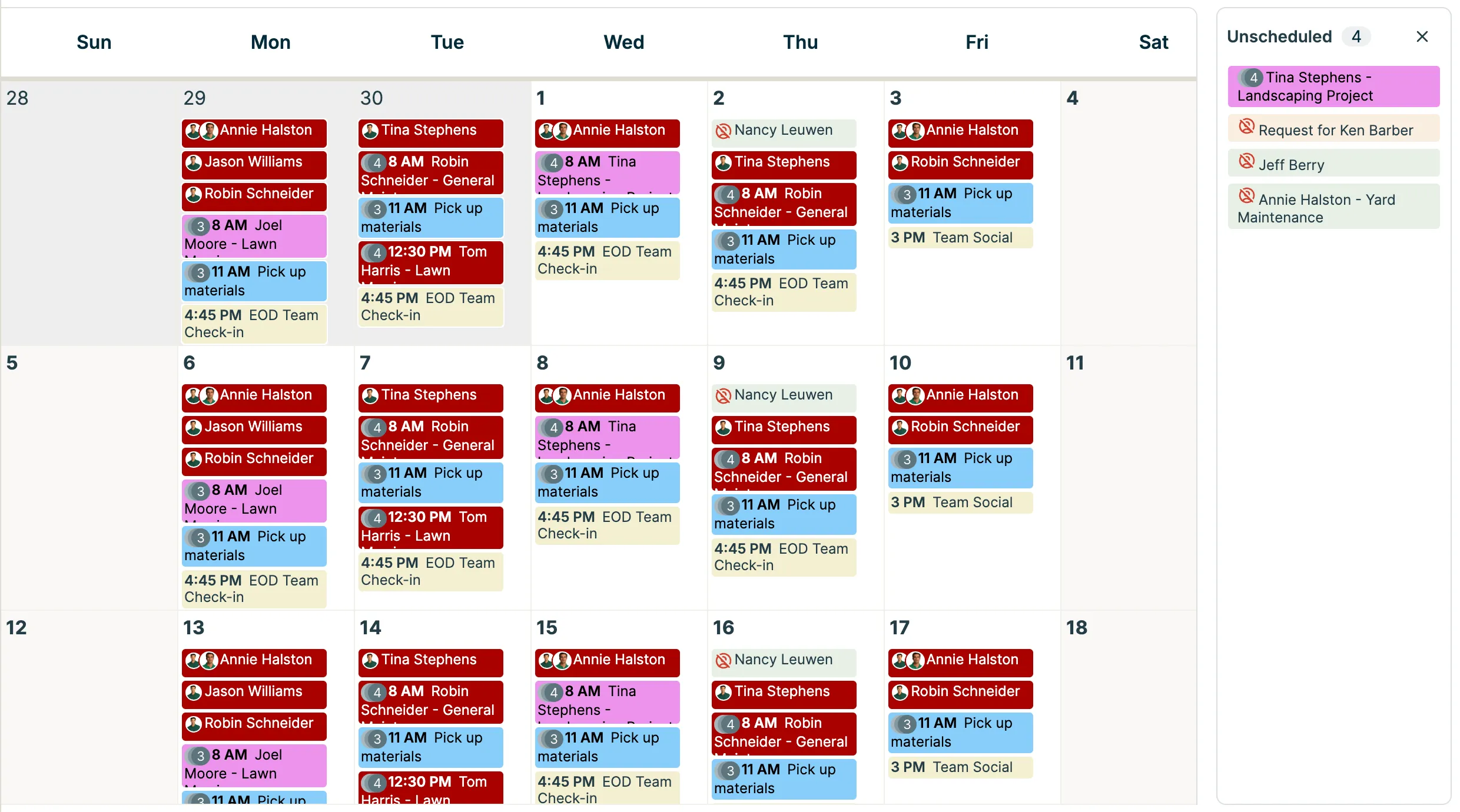 The month view of the schedule with the side panel for unscheduled visits visible.