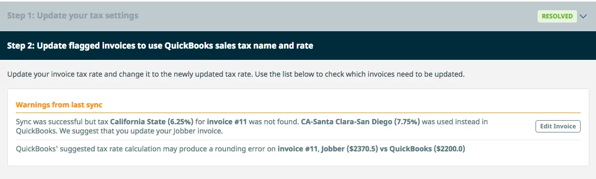Step 2: Update flagged invoices to use QuickBooks sales tax name and rate.