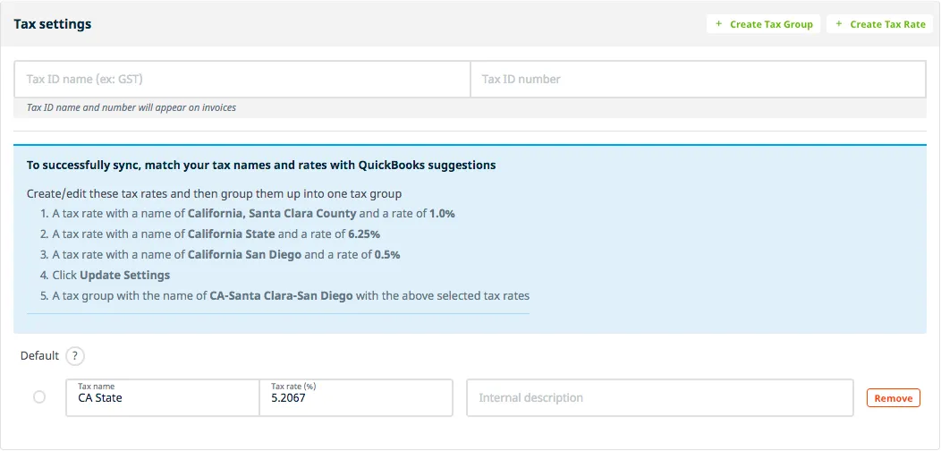 A screenshot showing Tax Settings page details.