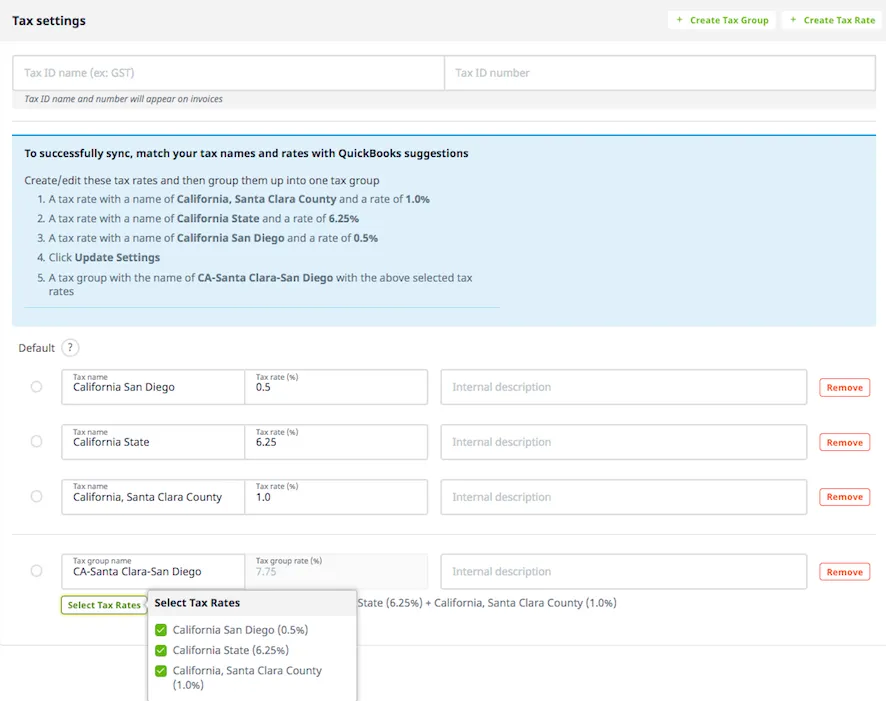 When you click on 'select tax rates' you get a popover with checkboxes to select your tax rates
