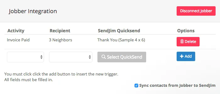 Jobber integration screen in SendJim