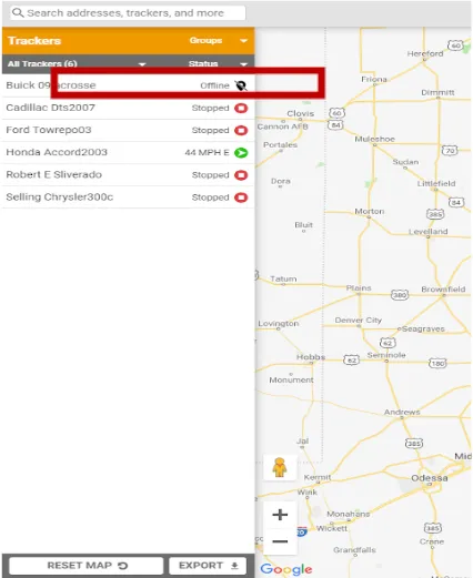 list of trackers in FleetSharp, one shows offline.