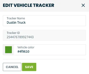 Edit vehicle tracker pop-up with options to rename the tracker and update the color it displays on the map