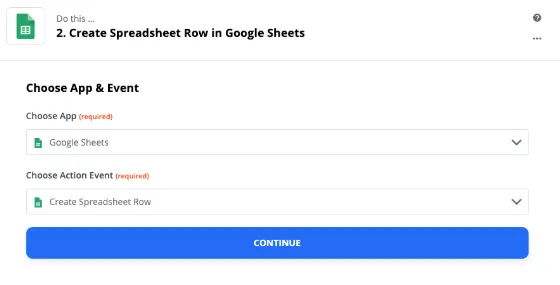 Setup screen in Zapier with fields to chose an app and trigger event. Google Sheets and create spreadsheet row are selected.