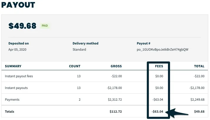 payout summary with a box drawn around the fees