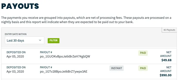 Payouts report showing the details for two payouts