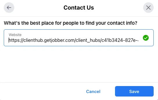 A screenshot showing the URL field for the Contact us option in Facebook.