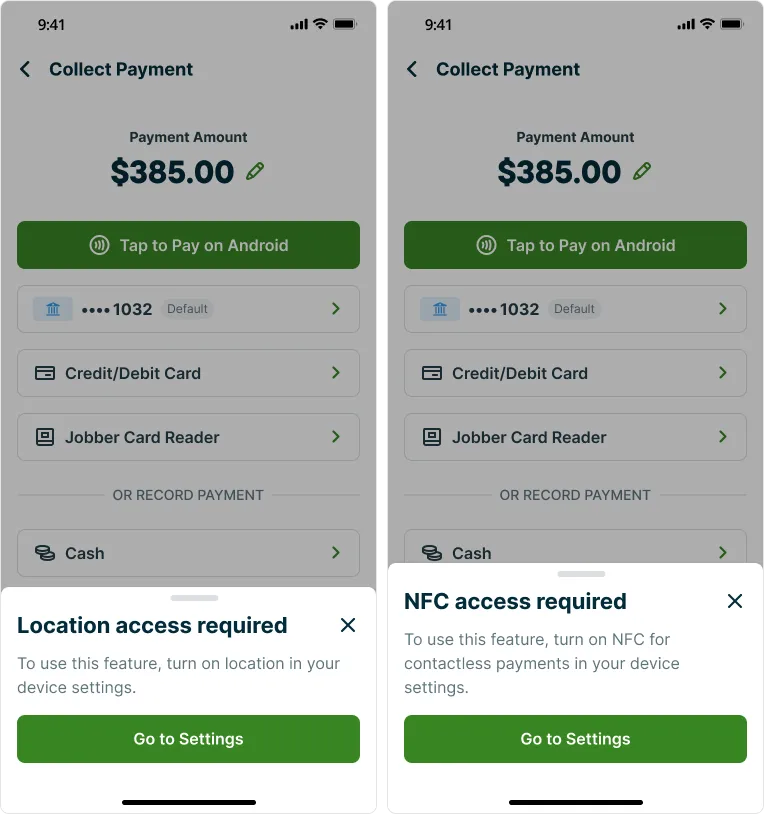 Two screenshots side by side showing the location and NFC access requirements prompts in the Jobber app.