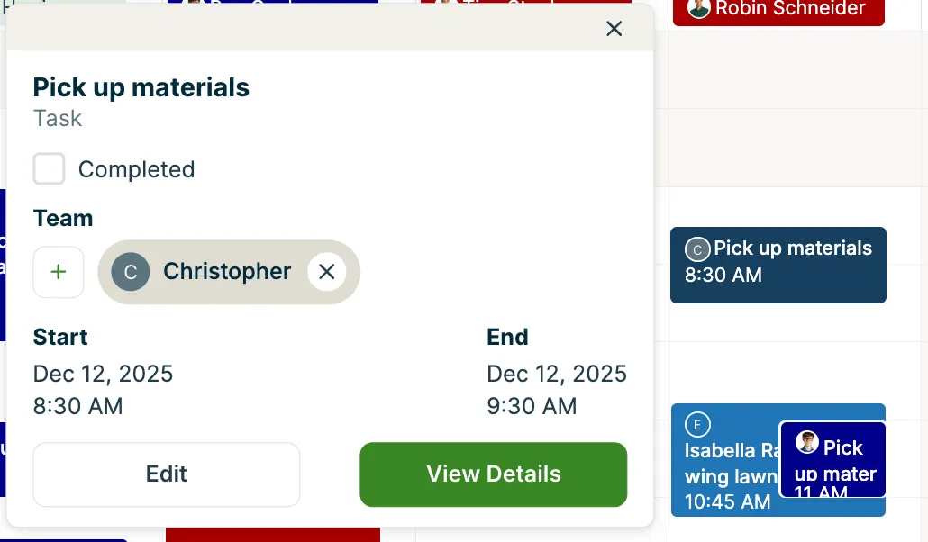 A screenshot showing details pop up when a task is selected in the calendar.