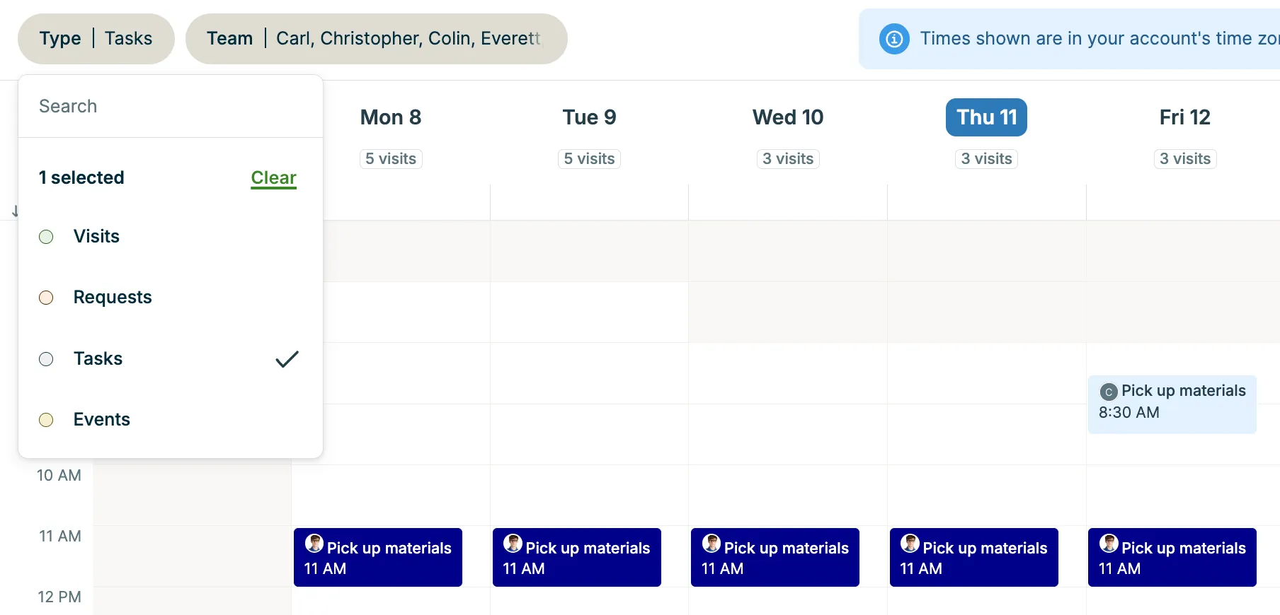 A screenshot showing the Type filter, set to show only Tasks in the calendar view.