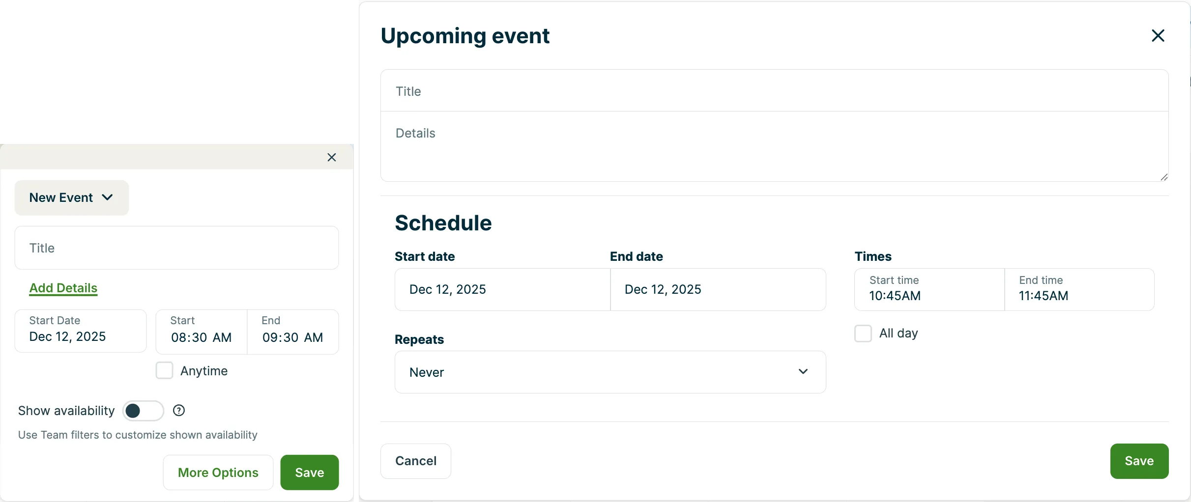 Side-by-side screenshots showing the event settings pop-up and the more actions screen.