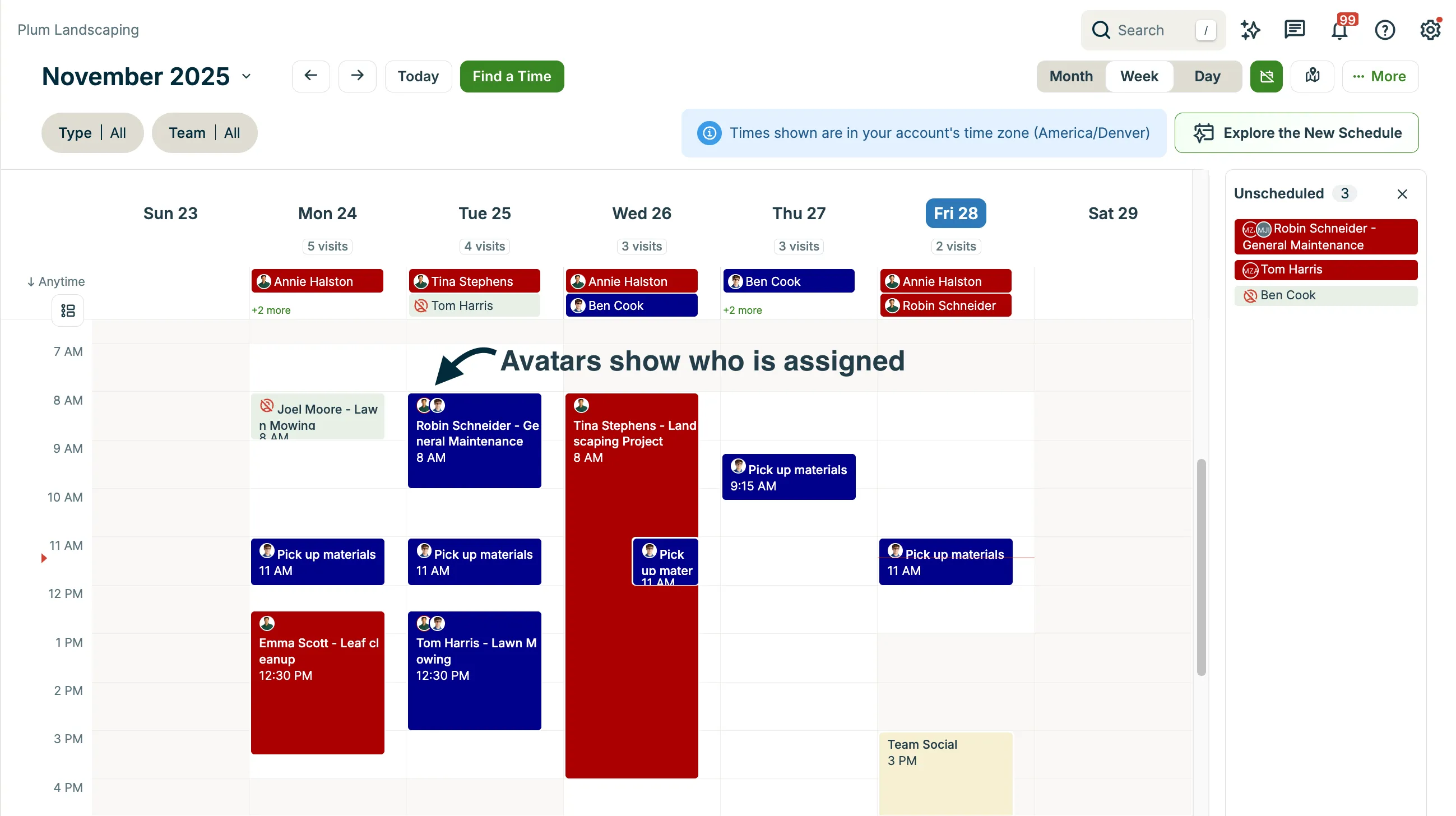 A screenshot showing the week calendar view. An arrow points to a visit block with two team member avatars, indicating who has been assigned.
