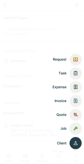 A screenshot showing the quick-create menu in the Jobber app.