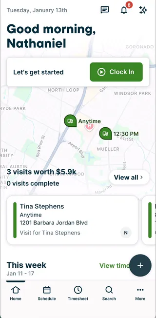 A screenshot showing the Home screen view in the Jobber app.