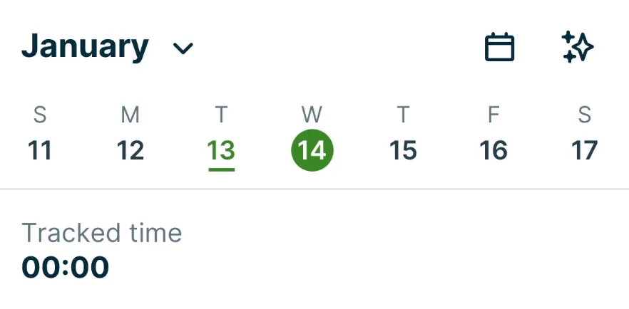 A screenshot showing the date selector on the Timesheets screen.