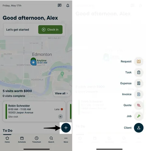 A screenshot showing the quick actions menu that appears when tapping the plus icon button.