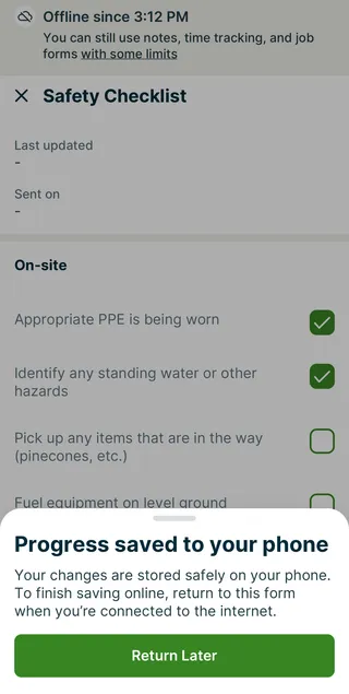 A Jobber app screenshot showing the offline message in a job form. It indicates that changes are stored safely on your phone and that you can return to the form when connected to the internet again to save it online.