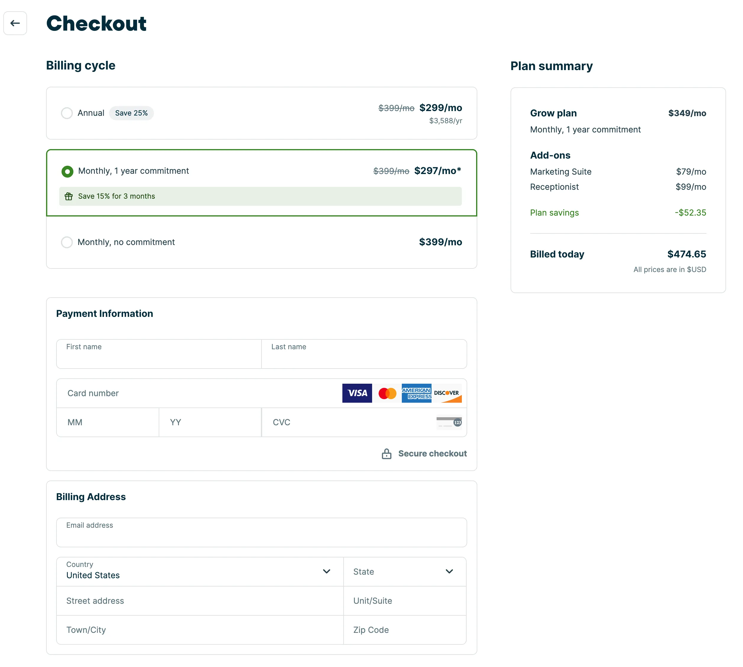 A screenshot showing the billing cycle checkout page.