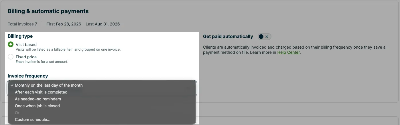 A screenshot showing the invoice frequency selection dropdown when creating a new recurring job.