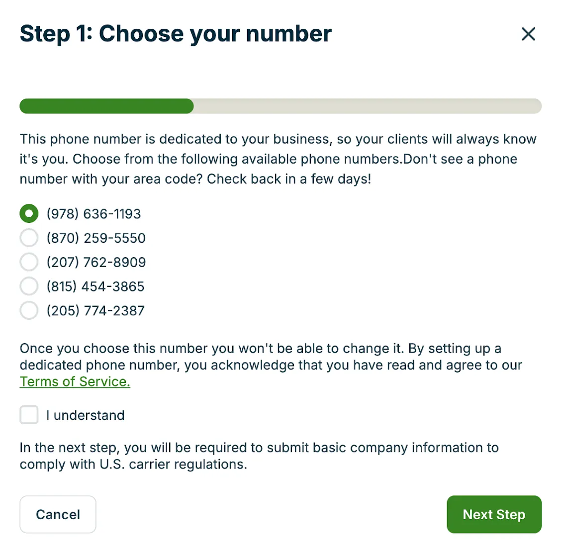 A screenshot showing the choose your number options.