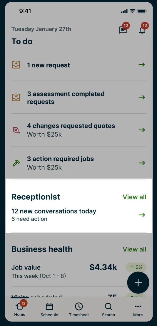 A screenshot showing the Home screen in the Jobber app, including the Receptionist section.
