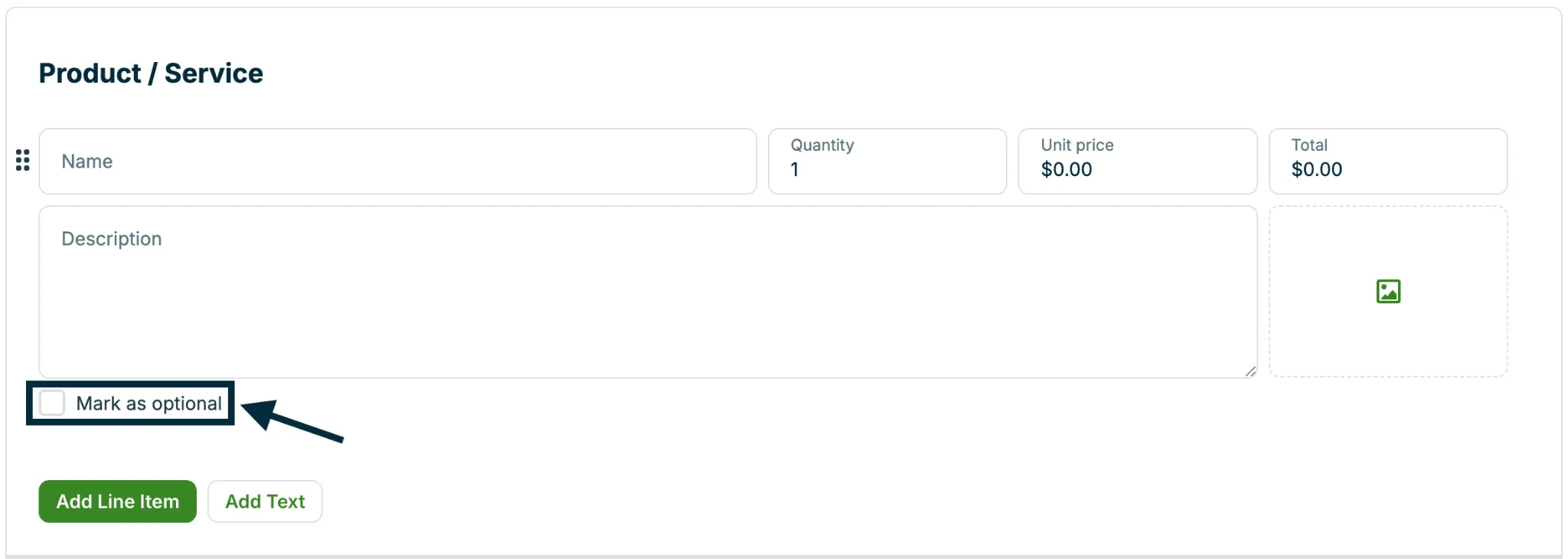 A screenshot showing the mark as optional checkbox on a line item.