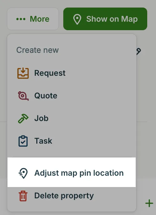 A screenshot showing the More dropdown with Adjust map pin location highlighted.
