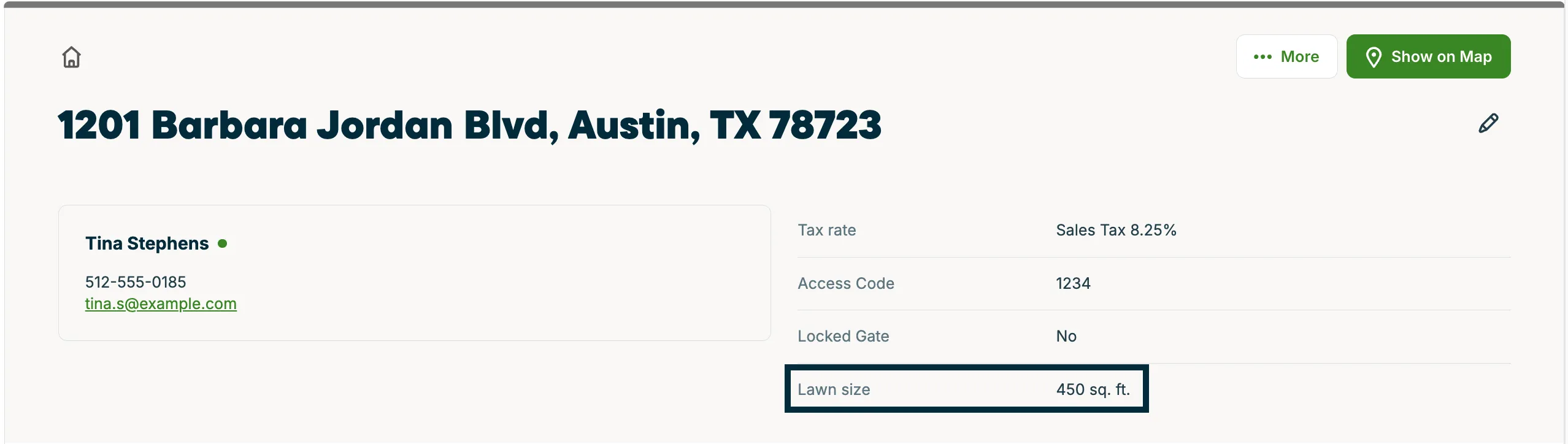 A screenshot showing the lawn size custom field value on the property details page.