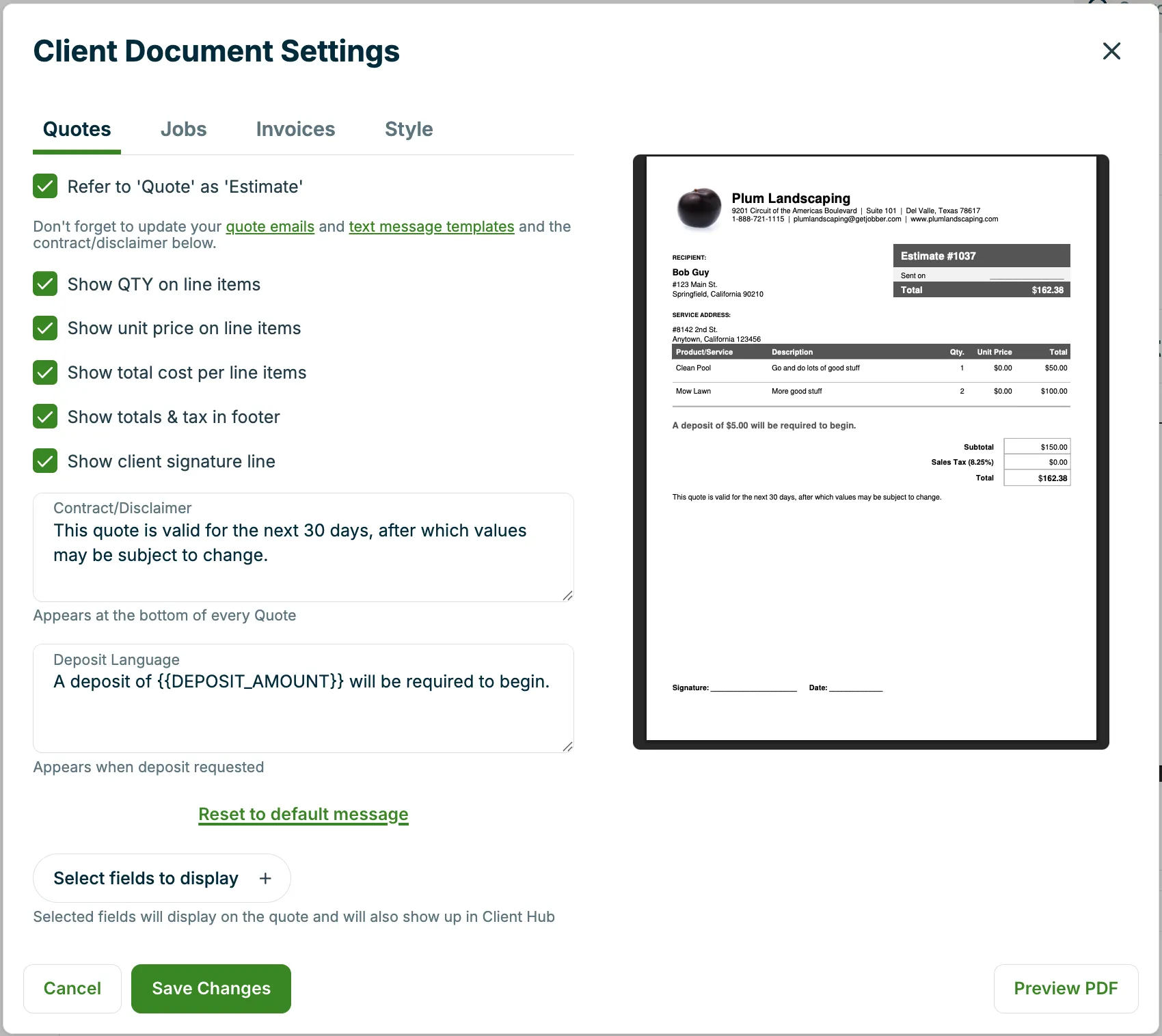 A screenshot showing the Client Document Settings pop-up.