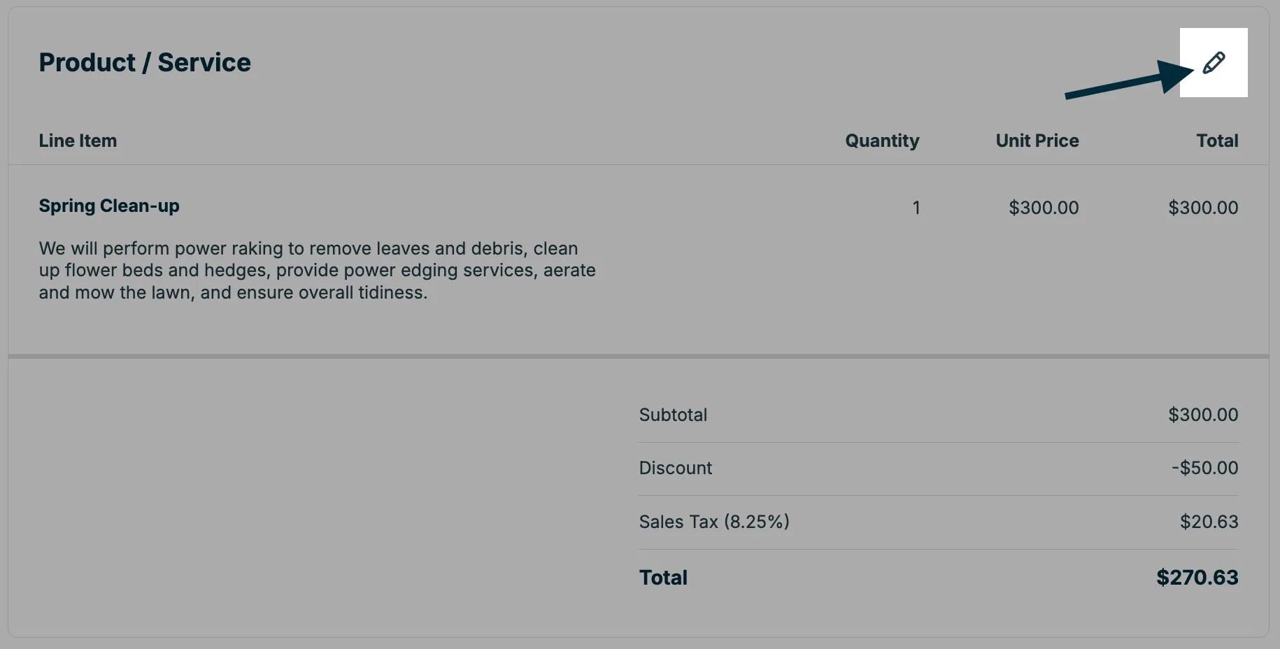 A screenshot showing the pencil icon for editing the Product / Service section of a quote.